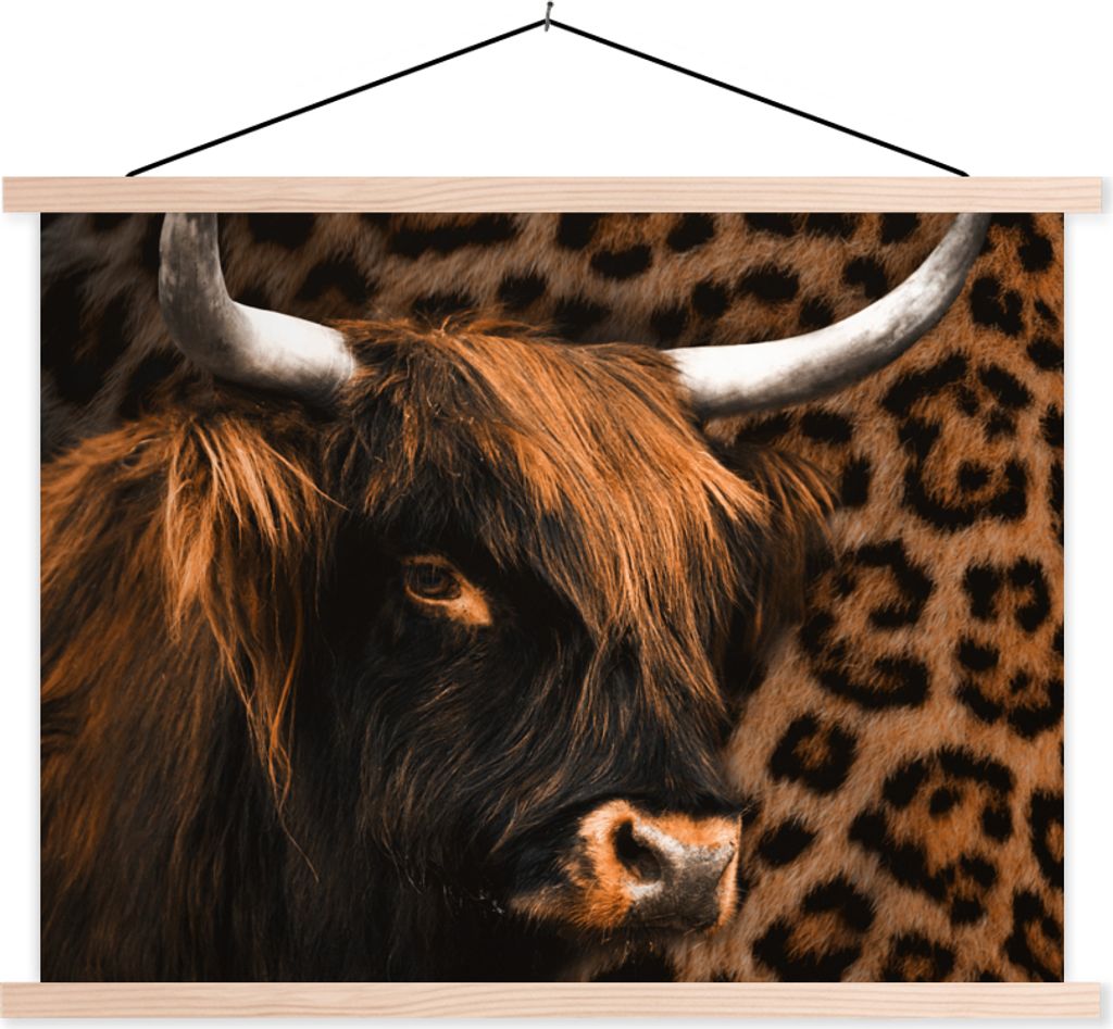 MuchoWow Textilposter Schottisches Hochlandrind - Schwarz - Pantherdruck 40x30 cm mit holzfarbenen Rahmen - Bilder