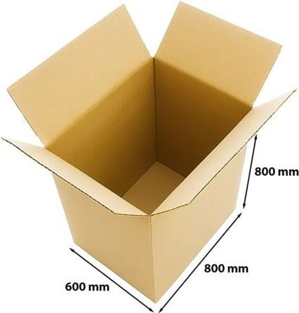 An open, empty cardboard box with dimensions labeled.
