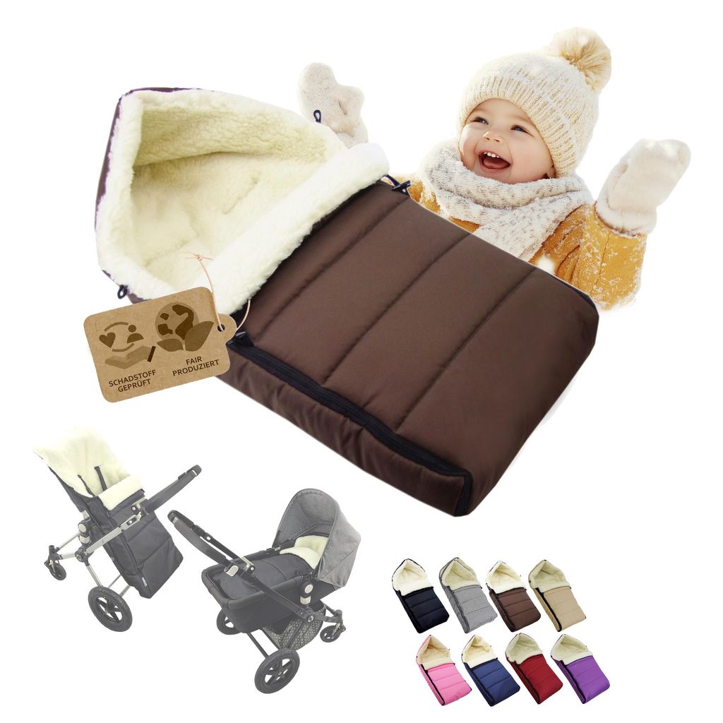 BAMBINIWELT Winterfußsack Fußsack universal 90cm für Babyschale Kinderwagen Buggy Wolle LINIERT BRAUN