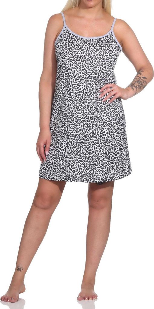 Normann Damen Spaghetti Träger Nachthemd im Animal-Print-Look ; grau-mel. , 36