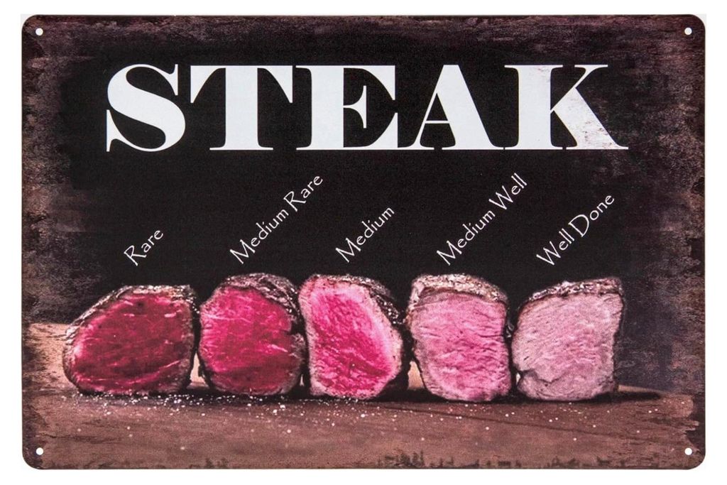 30 x 20 cm – Blechschild – STEAK – Humorvoller Spruch/Übersicht – Garten, Party, BBQ, Steak – Deko Schild für Grillmeister