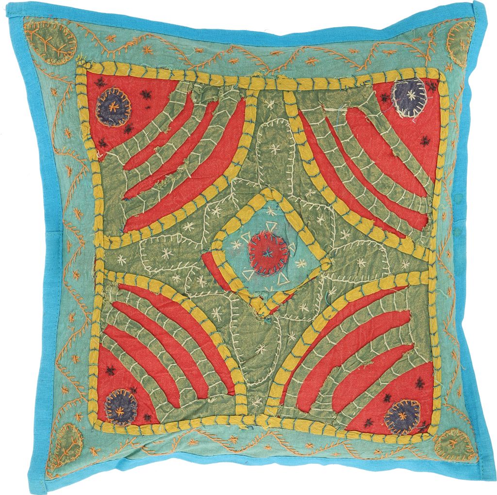 Unikat Patchwork Dekokissenhülle, Indische Boho Kissenhülle - Türkisblau, Rot, Baumwolle, 40*40*0,2 cm, Zierkissen, Dekokissen, Sofakissen