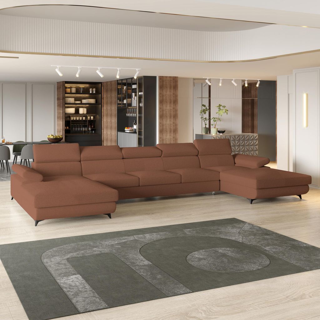 Masseno Ecksofa VIVENTE mit Schlaffunktion U-Form, Sofa mit Bettkasten, Wohnzimmersofa, Couch, Soffa, Bettsofa, Couchgarnitur- Orange, QUELLE 54