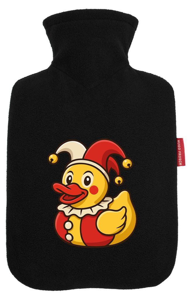 Huuraa Wärmflasche Quietscheente Joker Gummiente Hofnarr 1,8 Liter Black Classic Veloursbezug Bettflasche Geschenkidee
