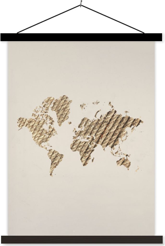 MuchoWow Textilposter Karte - Welt - Seil 40x53 cm mit schwarzem Rahmen - Abbildung
