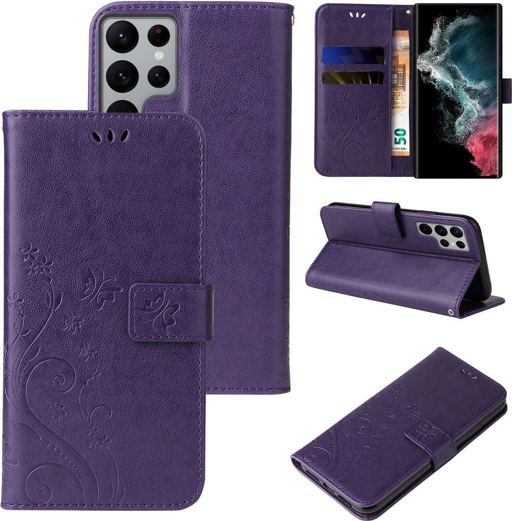 Handyhülle für Samsung Galaxy S23 Ultra Floral Blumen Schmetterling Flip Cover Hülle Case Klapphülle Handytasche Farbe: Violett