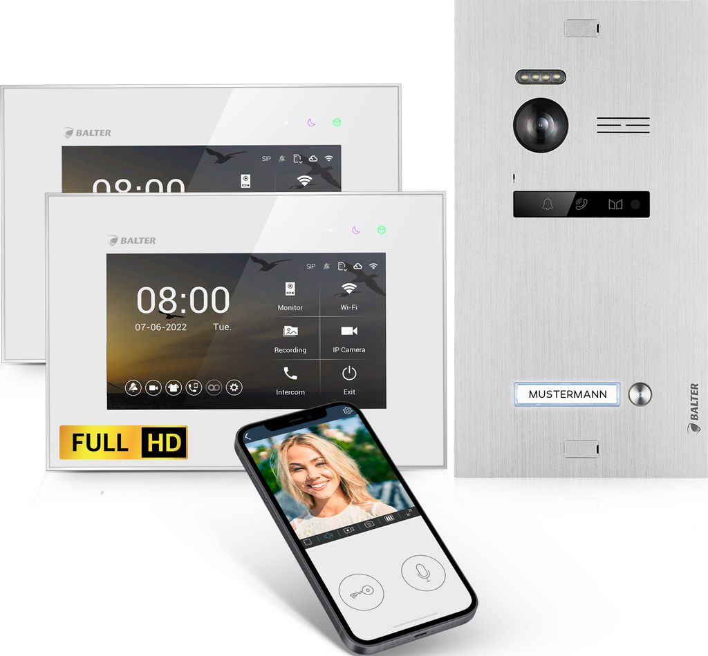 Balter EVO-HD Video Türsprechanlage, Video Türklingel, Smartphone App, 1 Familienhaus Klingel, 2X 7 Zoll HD Monitore, Full HD-Kamera, 2 Draht Bus...