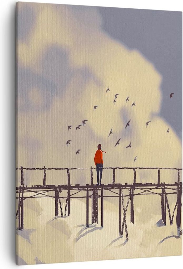 Bild auf Leinwand - Leinwandbild - Einteilig - Wolken Brücke Vögel Landschaft - 50x70cm - Wand Bild - Wanddeko - Wandbilder - Leinwanddruck - Wan...