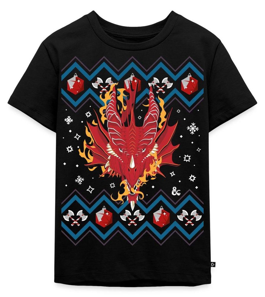 Spreadshirt Dungeons & Dragons Drachenkopf Ugly Christmas Kinder Premium T-Shirt, 122/128 (6 Jahre), Schwarz
