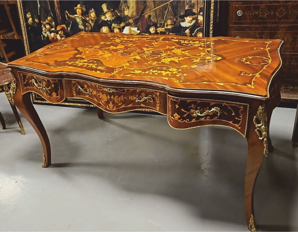 Casa Padrino Barock Sekretär mit 3 Schubladen Braun Intarsien / Gold 160 cm - Barock Büro Möbel