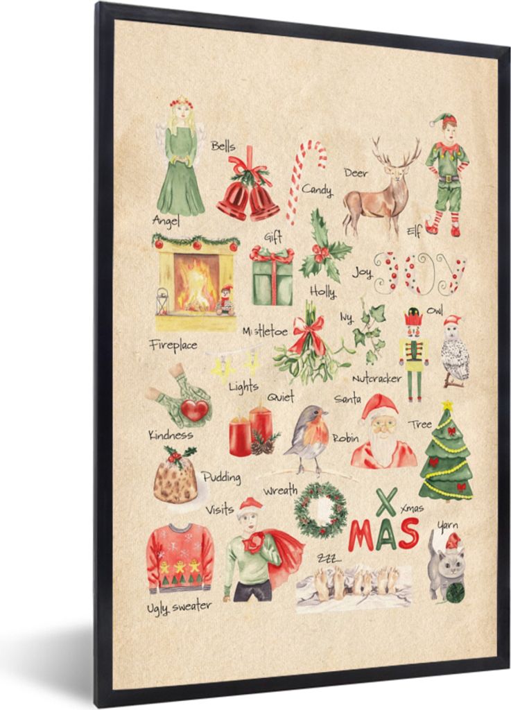 MuchoWow Gerahmtes Poster Alphabet - Weihnachten - Lehrreich - Retro - Kind - Kinder 60x90 cm - Poster mit Schwarzem Bilderrahmen Wandposter Rahm...