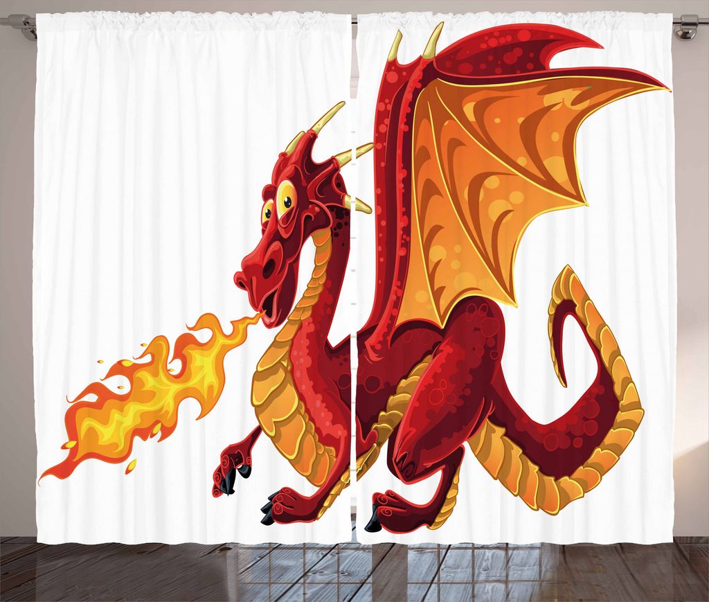 ABAKUHAUS Drachen Rustikaler Gardine, Lustige Maskottchen-Karikatur, Schlafzimmer Kräuselband Vorhang mit Schlaufen und Haken, 280 x 175 cm, Orang...