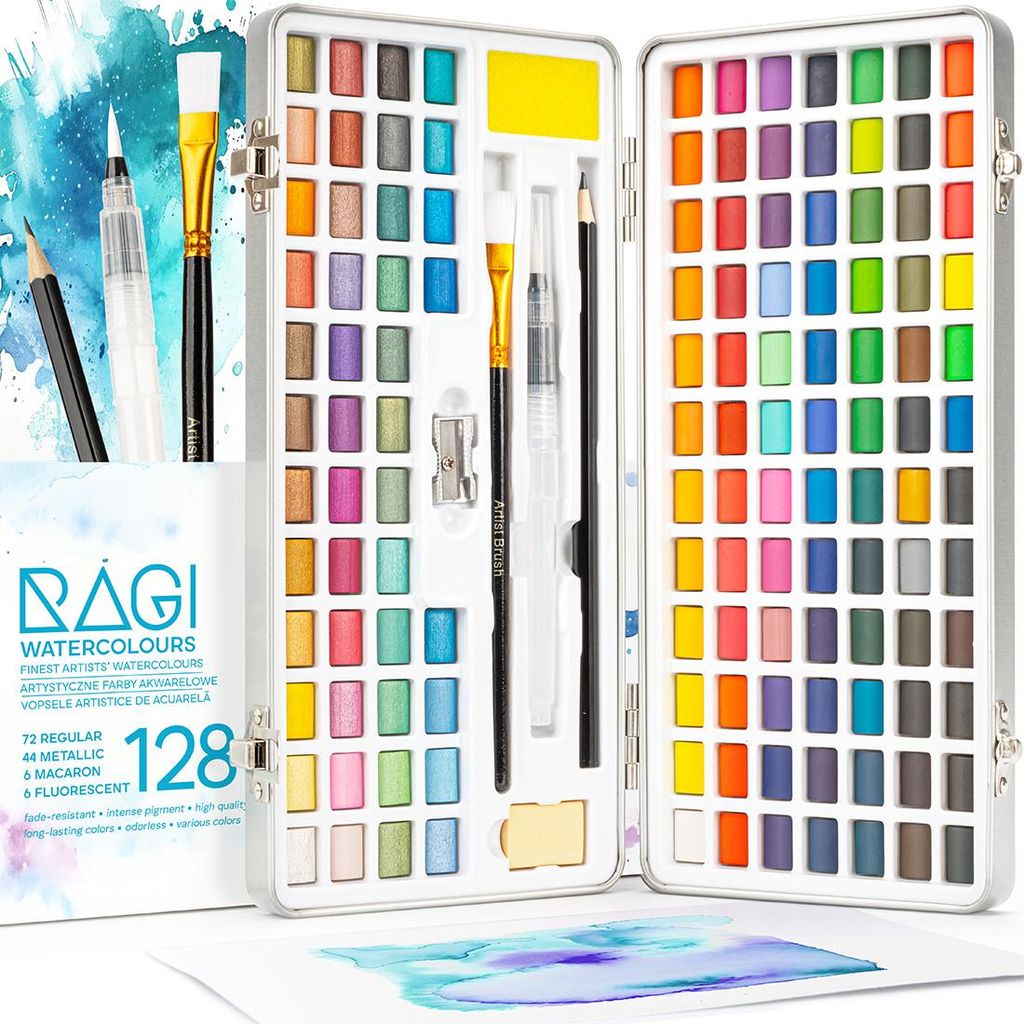 An open watercolor paint set with many colors, brushes, and pencils inside a silver case, with some text and branding on the left side.