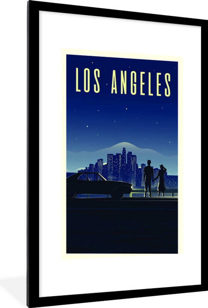MuchoWow MuchoWow Gerahmtes Poster Illustration von Los Angeles bei Nacht 60x90 cm - Poster mit zchwarzem Bilderrahmen - Dekoration - Wandposte...