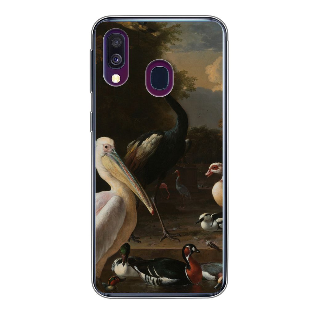 MuchoWow Handyhülle Schutzhülle Hülle für Samsung Galaxy A40 Ein Pelikan und andere Vögel in der Nähe eines Wasserbeckens - Gemälde von Me...