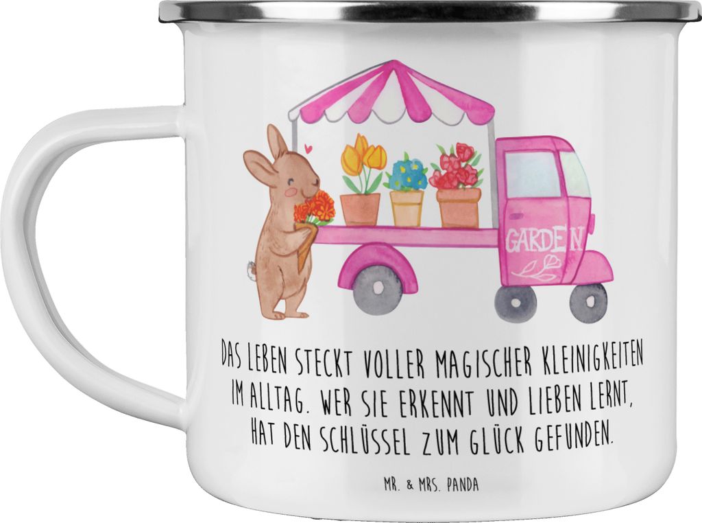Mr. & Mrs. Panda metallbecher Osterhase Blumenwagen - Weiß - Geschenk, Teetasse, Emaille Tasse, Pott, Outdoor, Ostern, Tulpen, Haferl, Teebecher, ...