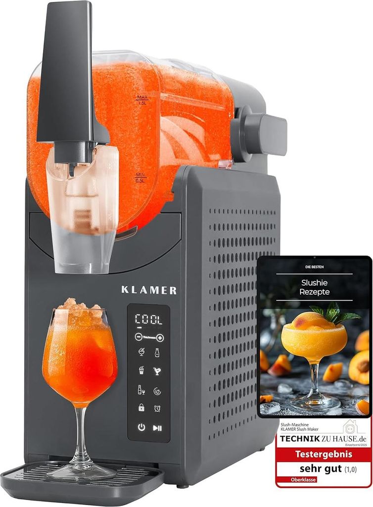 A KLAMER Slush Machine is shown with a glass of slushie and a tablet displaying recipes.