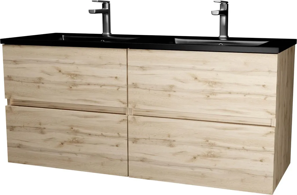 Meuble 120 cm Chêne Naturel et Double Vasque Noire Céramique TIMBER