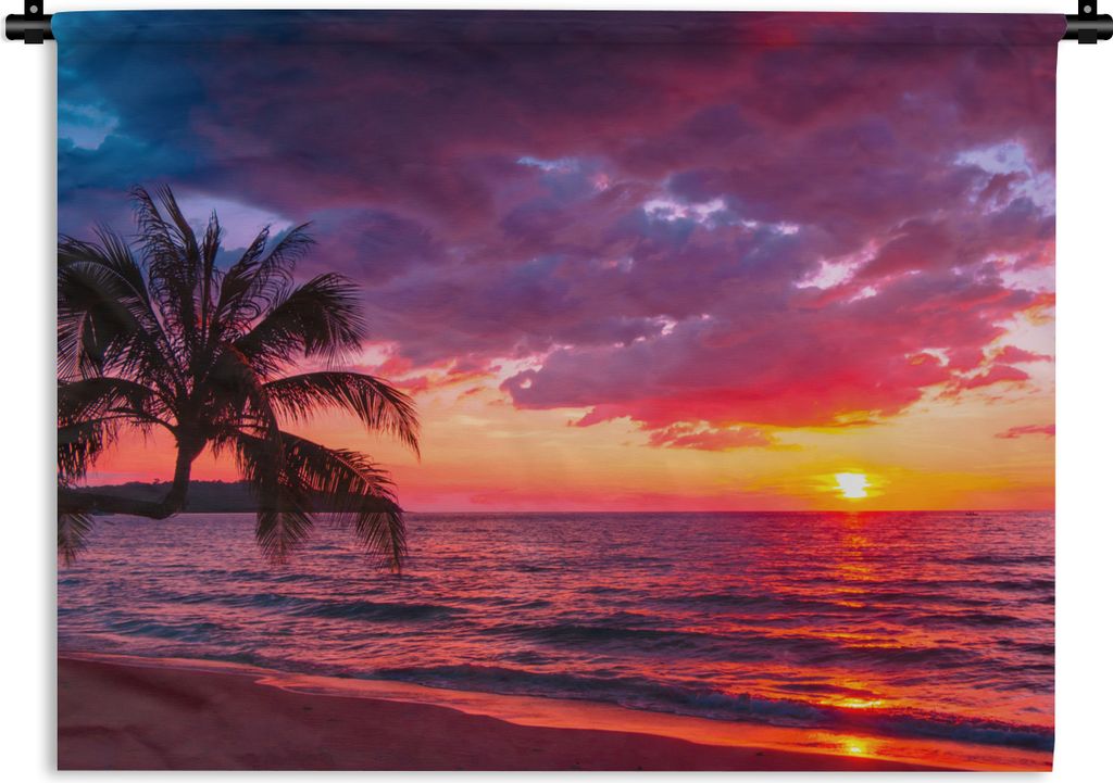 MuchoWow Wandteppich Wandbehang Sonne - Horizont - Rosa - Palme - Meer 150x112.50 cm Tapisserie Dekoration Wandtuch - Wanddecke - Wandteppiche
