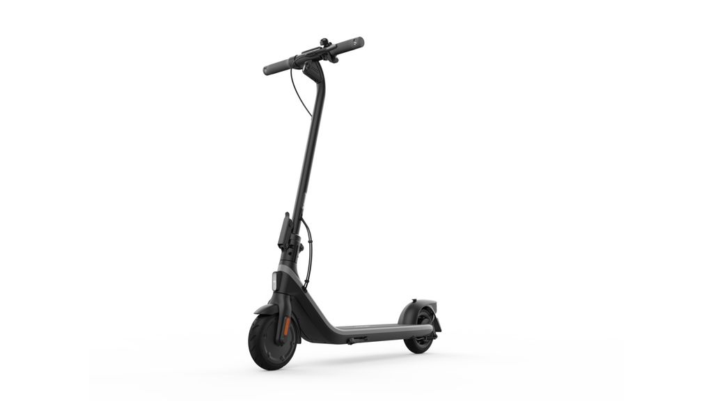 A black electric scooter is shown against a white background.