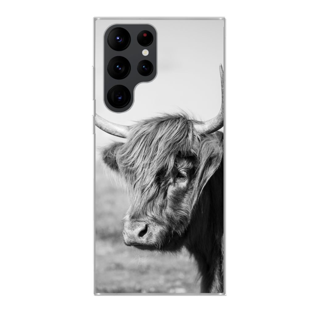 MuchoWow Handyhülle Schutzhülle Hülle für Samsung Galaxy S22 Ultra Schottischer Highlander - Tiere - Schwarz - Weiß Silikon Softcase Handy H...