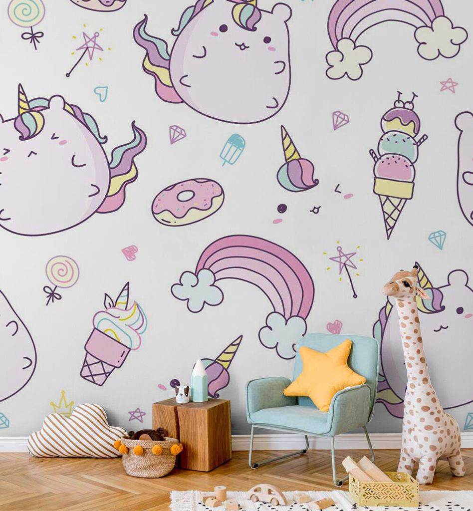Fototapete Einhörner mit Donuts und Regenbögen, Material:Superior Vlies 350g/qm, Größe Tapete:455 x 260cm