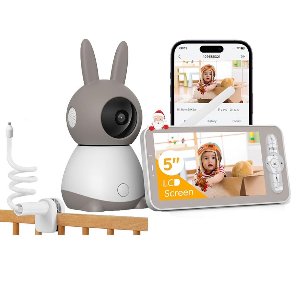 5 Zoll Babyphone mit Kamera 2K WLAN Video babyfone 360° PTZ IR-Nachtsicht Automatische Verfolgung Weinen/Bewegungs/Geräuscherkennung mit Halterung
