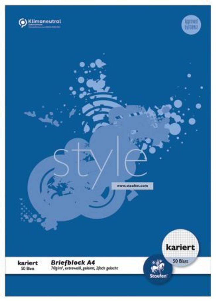 Staufen style 608743020 Briefblock - A4, 50 Blatt, 70 g/qm, 5 mm kariert, 2-fach Lochung