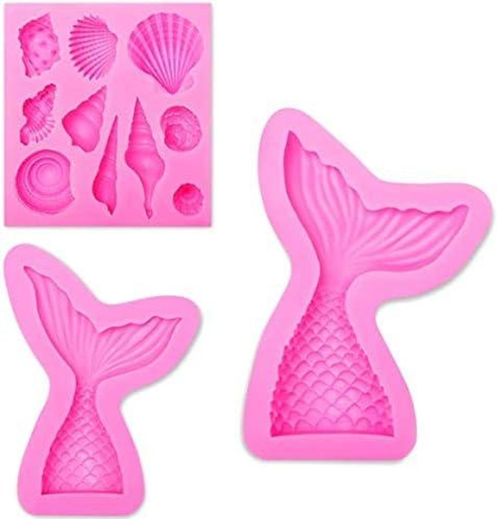 3 Stück Muschelform und Meerjungfrauenschwanz, Silikonform, Fondant, weiche Silikonformen, Fondant, Dekoration, Kochen