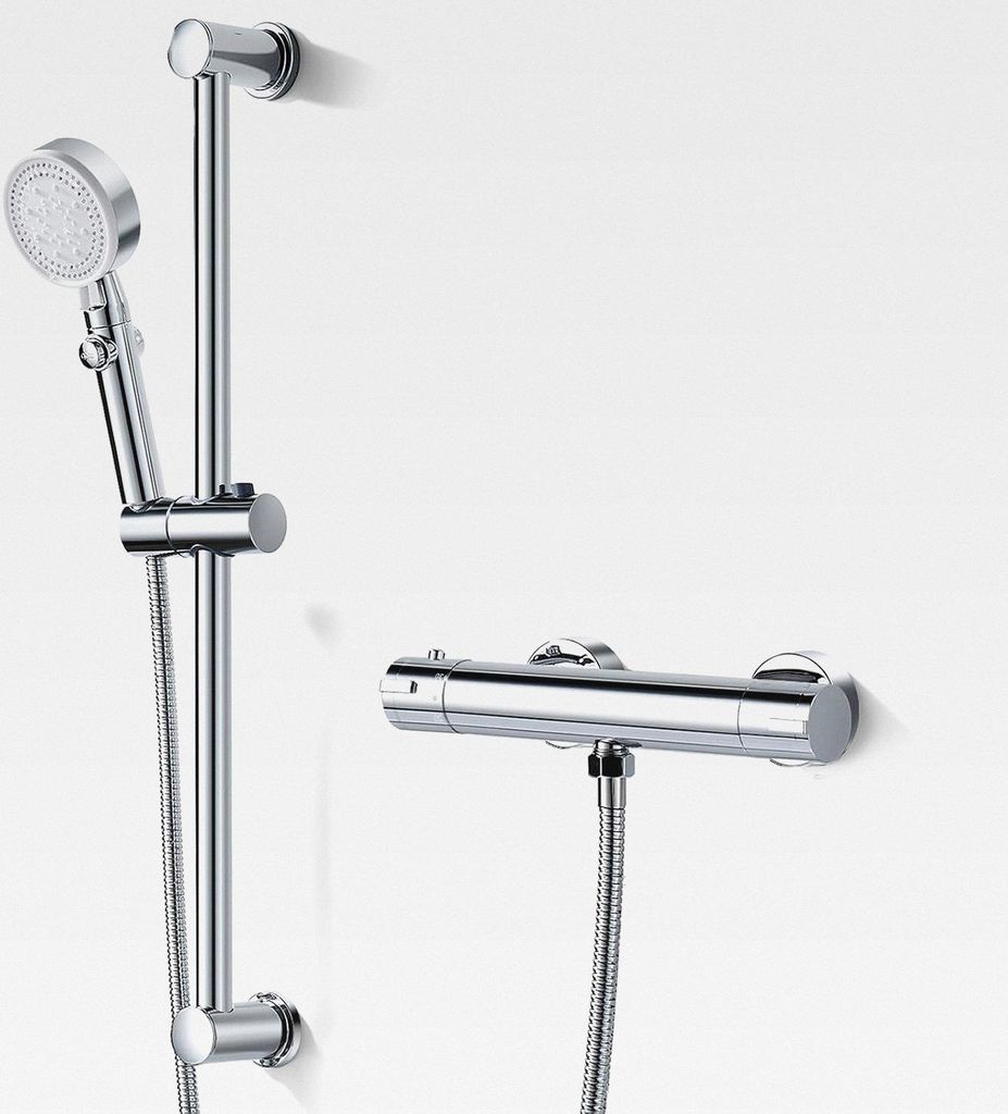 Duscharmatur mit Thermostat Set, Aufputz Thermostat-Brausebatterie Dusche mit 635mm Edelstahl Duschstange | 5 Strahlarten Handbrause Höhenverstell...