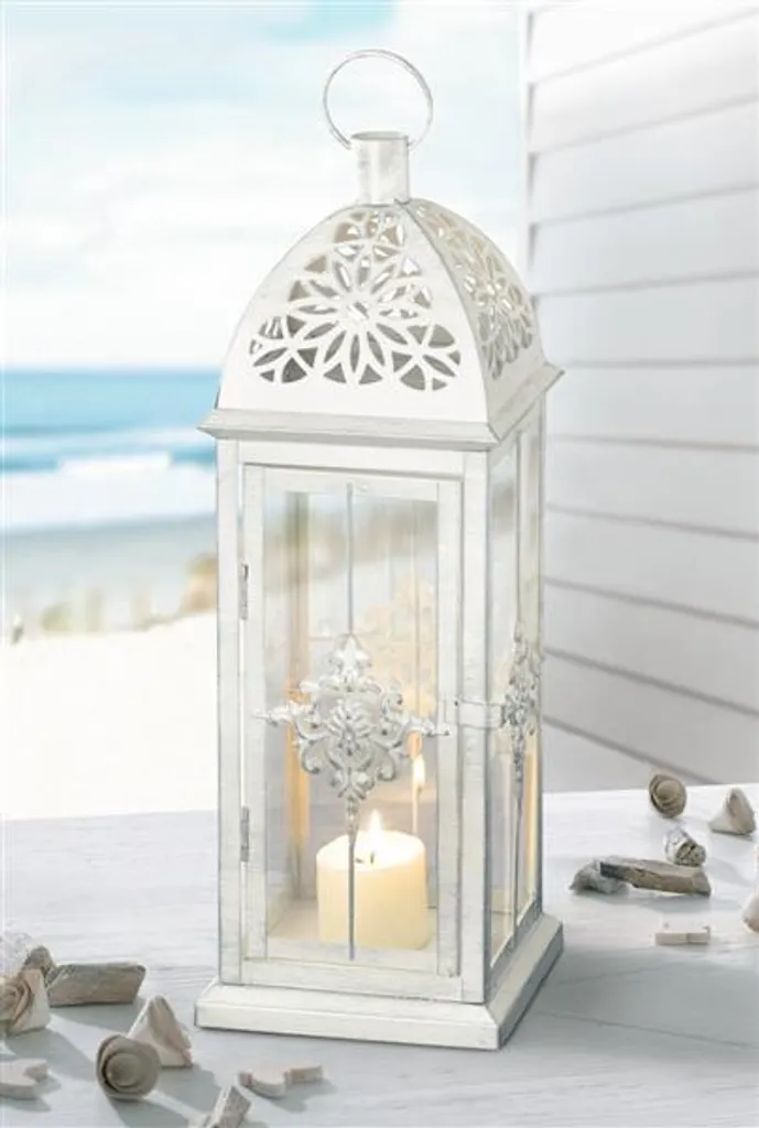 Photophore Baroque en Métal Blanc et Argent 39cm avec Anse de Suspension
