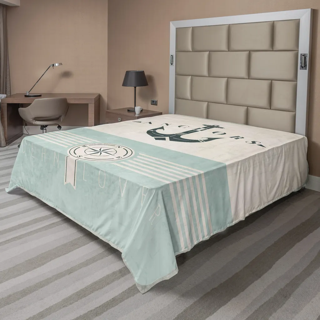 Drap de Lit Plat à Motifs Ancres et Boussoles, Textile Maritime 1 Pièce