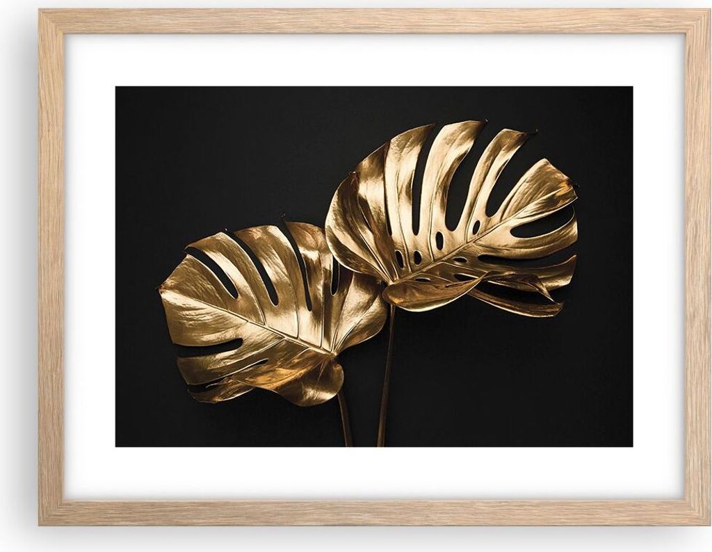 Gerahmtes Poster - Rahmen in heller Eiche - Golden Blätter Monster - 40x30 cm - Wand Bild - Wanddeko - Wandbilder - Kunstposter - Wandposter - Bil...