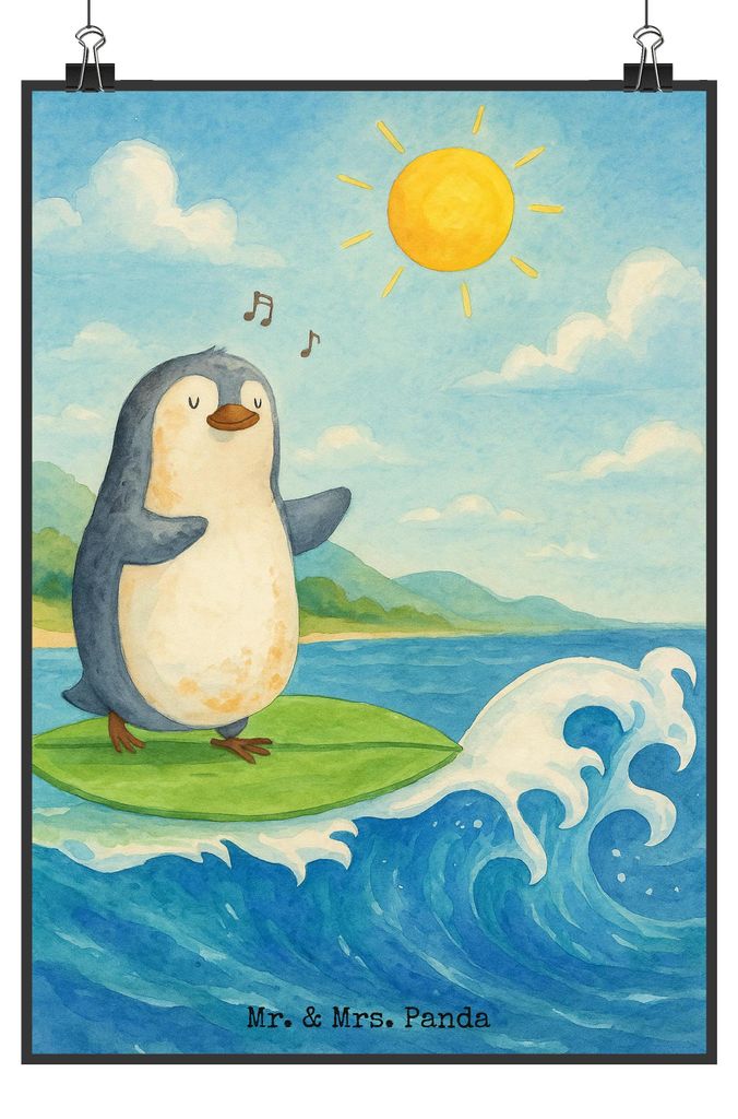 Mr. & Mrs. Panda Bild Pinguin Surfer Design DIN A2 - Weiß - Geschenk, wanddeko, Urlaub, Portugal, Deko, Motiviert, Wandbild, Pinguine, Wanddekorat...