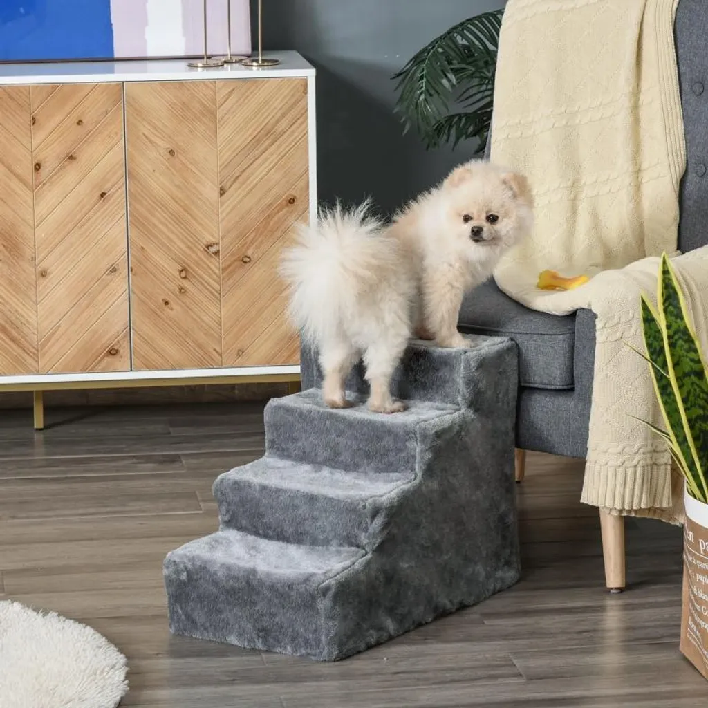 Petit escalier chat et chien 35 cm aspect peluche 4 marches gris clair