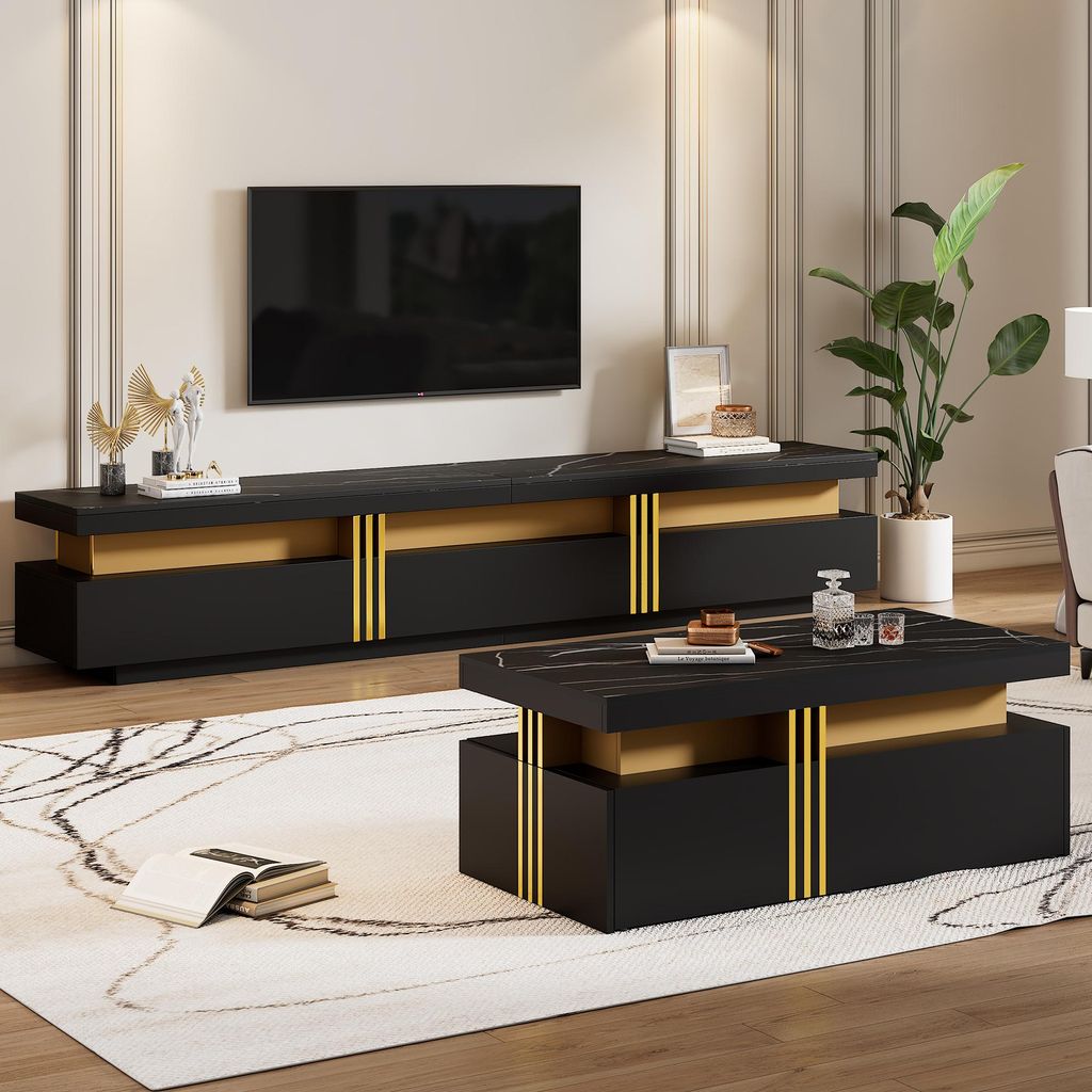 STILVORA Wohnzimmer-Set Schrankkombination mit TV-Schrank und Couchtisch,Fernsehbank mit Kaffeetisch,TV-Wandkombination,Schwarze