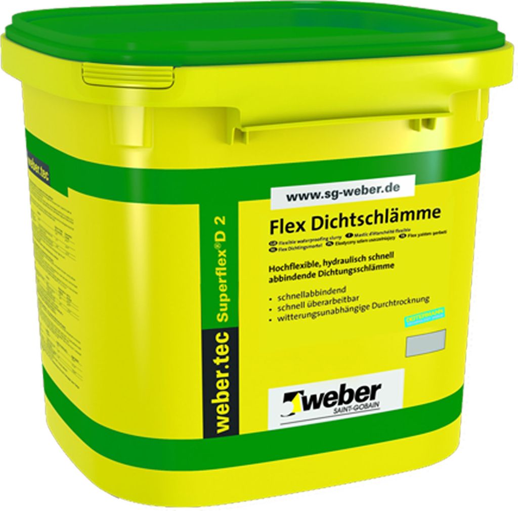 A yellow plastic bucket with a green lid and green bands, containing a waterproofing product. The bucket has text and logos printed on it.