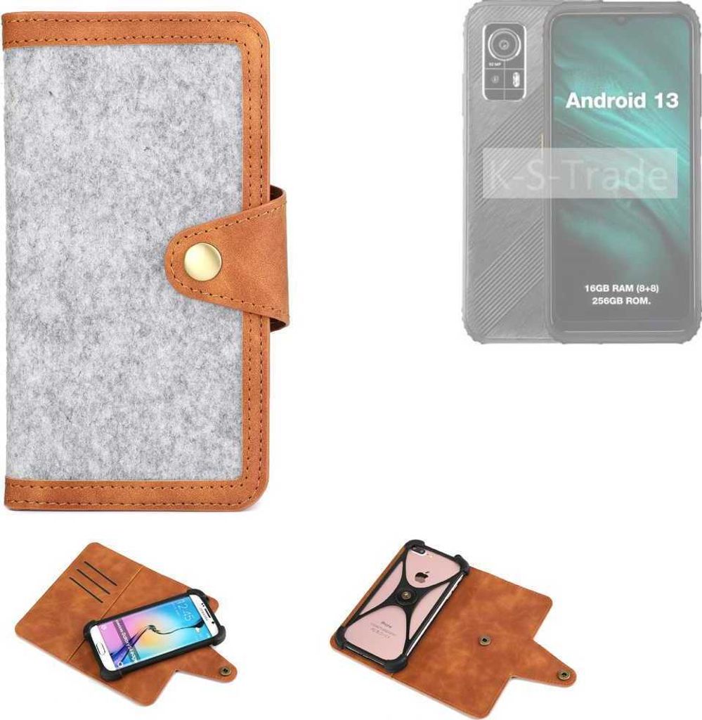 K-S-Trade Handyhülle kompatibel mit AGM H6 Schutzhülle Filz-Hülle Kunst-Leder hellgrau braun (1x)