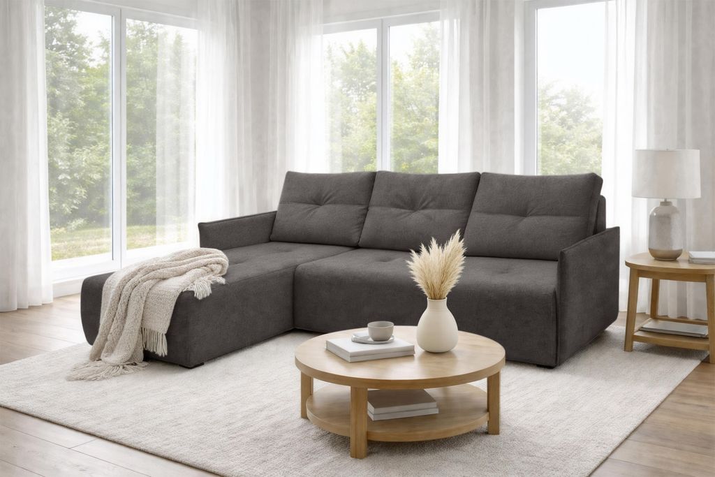 AX LIVING Ecksofa Damascus Dunkelgrau mit Schlaffunktion Bettkasten Schlafsofa 212 cm links