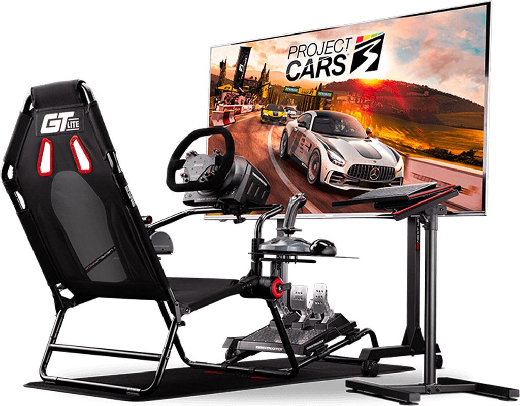 A racing simulator setup with a chair, steering wheel, pedals, and a large monitor displaying a racing game.