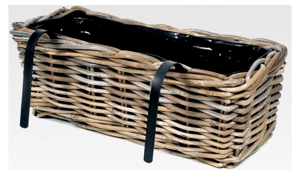 Balkonkasten mit integrierter Aufhängung, Länge ca. 45 cm und Tiefe ca. 17 cm aus Rattan, handgefertigter Weidenkorb als Pflanzgefäß und Dekokorb