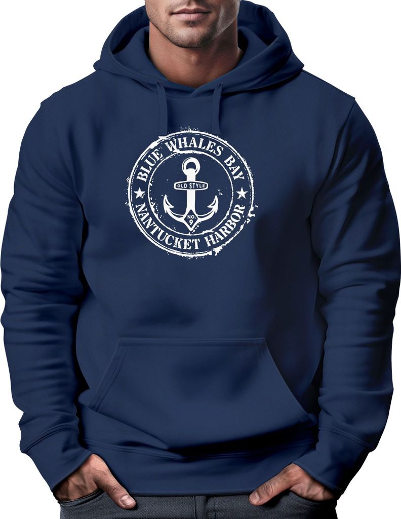 Hoodie Herren maritimes Anker Motiv Anchor Print Vintage Stil Kapuzen-Pullover Männer Neverless navy 3XL