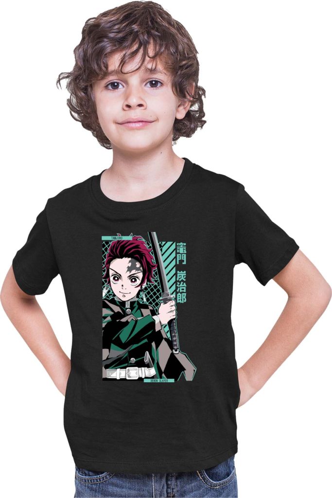 Kinder T-Shirt Demon Anime Slayer Kimetsu No Yaiba Tanjiro Kamado 100, 12-13 Jahr - 152 / Schwarz