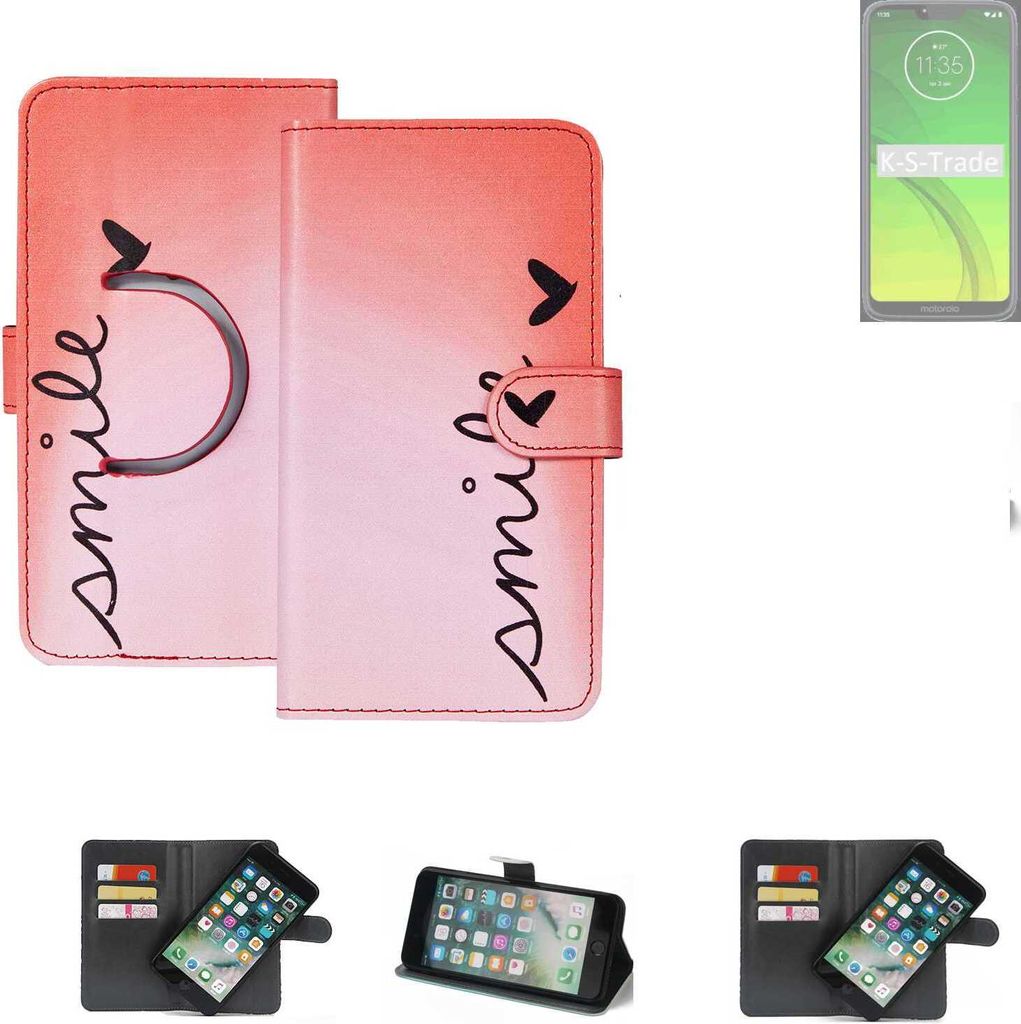 K-S-Trade Schutzhülle Handyhülle kompatibel mit Motorola Moto G7 Power Hülle cover bookstyle Etui ''smile'' rot Standfunktion Kameraschutz (1Stk)