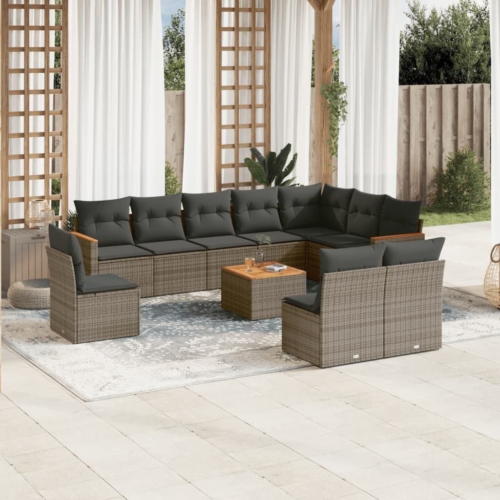 Ankonbej 11-tlg. Garten-Sofagarnitur mit Kissen Grau Poly Rattan