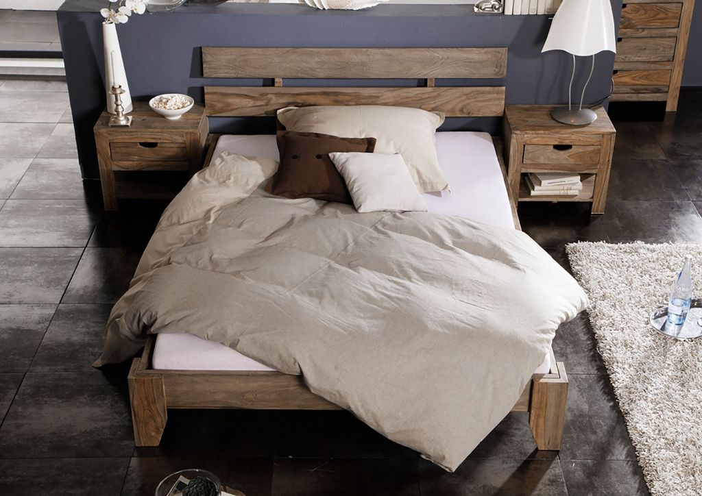 MASSIVMOEBEL24 Bett Sheesham 160x20x75 grau geölt NATURE GREY #211