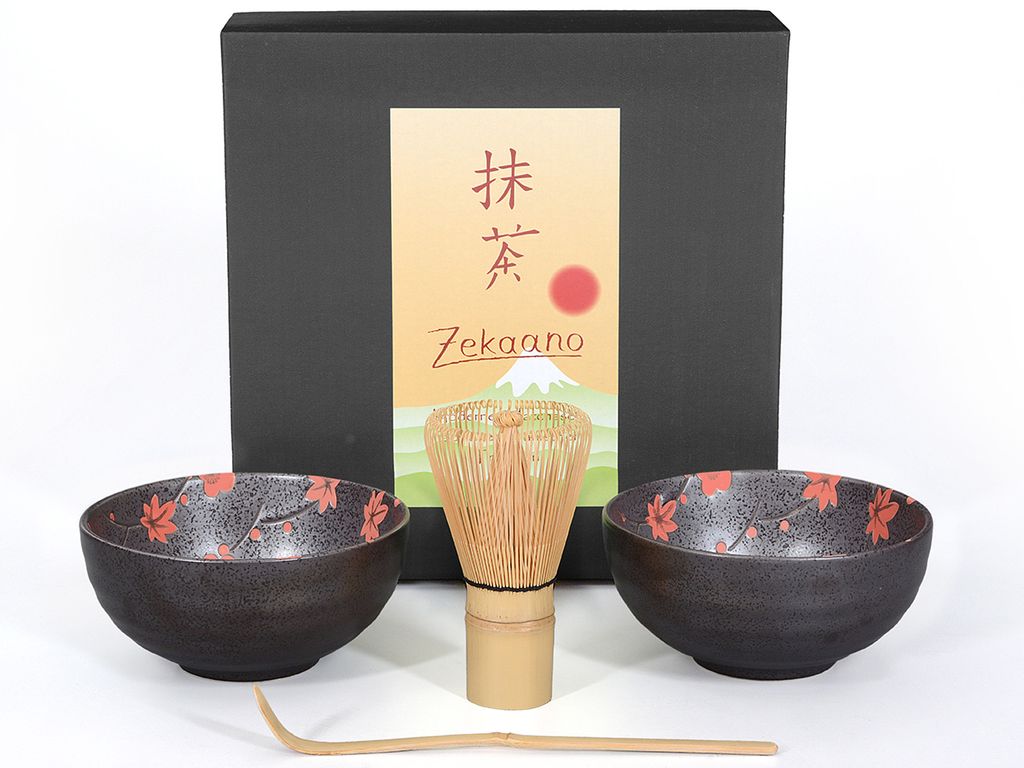 Matcha Set / Matchaset / 2x Matcha Schale 250ml, anthrazit/rot, mit Besen und Löffel in Geschenkbox
