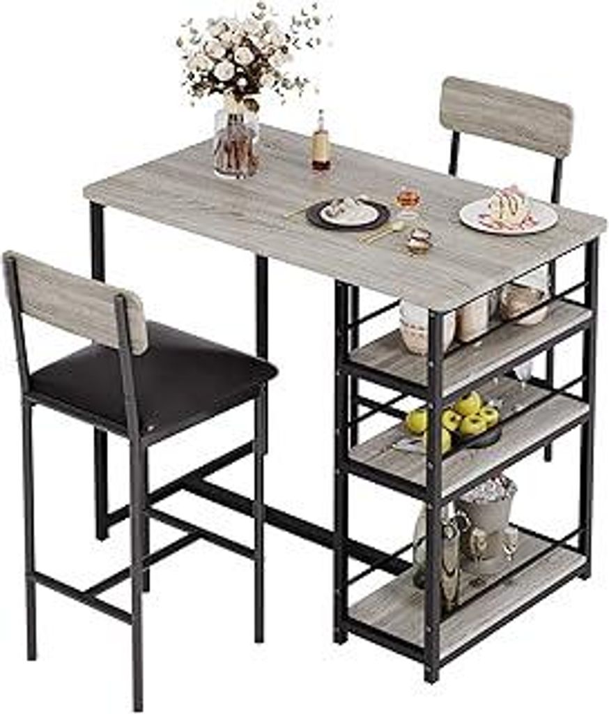 GarveeLife Bartisch mit Barhocker Set, Barhocker 3er Set für 2 Personen mit 1 Tisch + 2 Gepolsterte Stühle, Rückenlehne - Küchentisch mit 3 Abl...