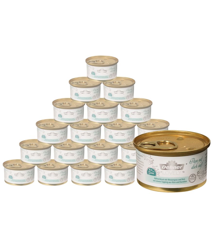 Dehner Premium Lovely Katzenfutter, Nassfutter in Gelee / glutenfrei, für ausgewachsene Katzen, Hühnerbrust / Weizengras / Karotte, 24 x 85 g Dos...