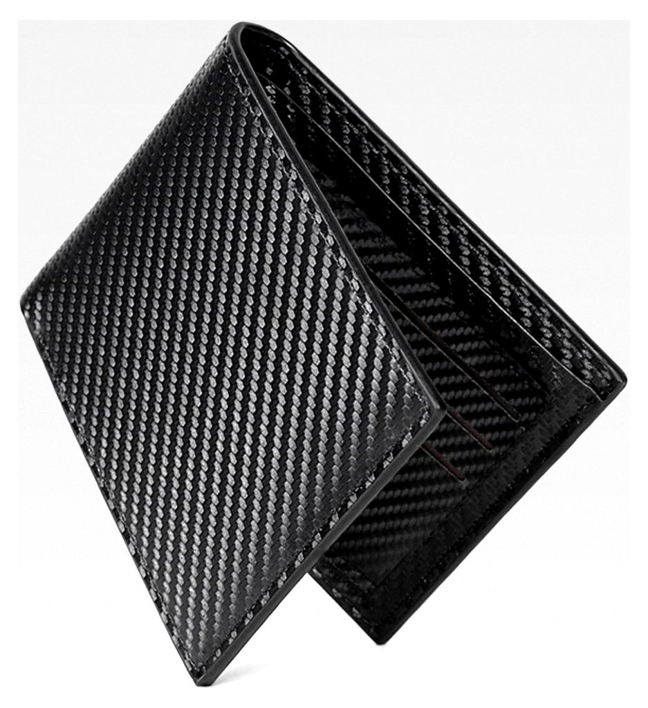 Slim Geldbörse aus Carbonfaser-Leder, Portemonnaie für Damen und Herren, Brieftasche mit Kartenetui und Ausweisfenster (Schwarz)